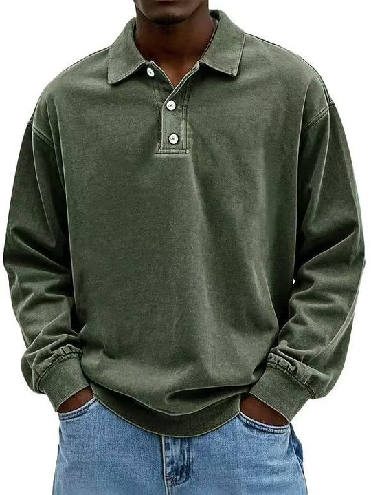 Herren nan lässiges Poloshirt-Sweatshirt mit Kragen, Vintage-Waschung und dreiteiliger Knopfleiste EB