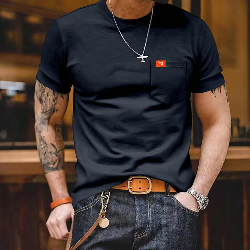 Herren klassisches Kurzarm T-Shirt mit Brusttasche aus hochwertiger Baumwolle EB