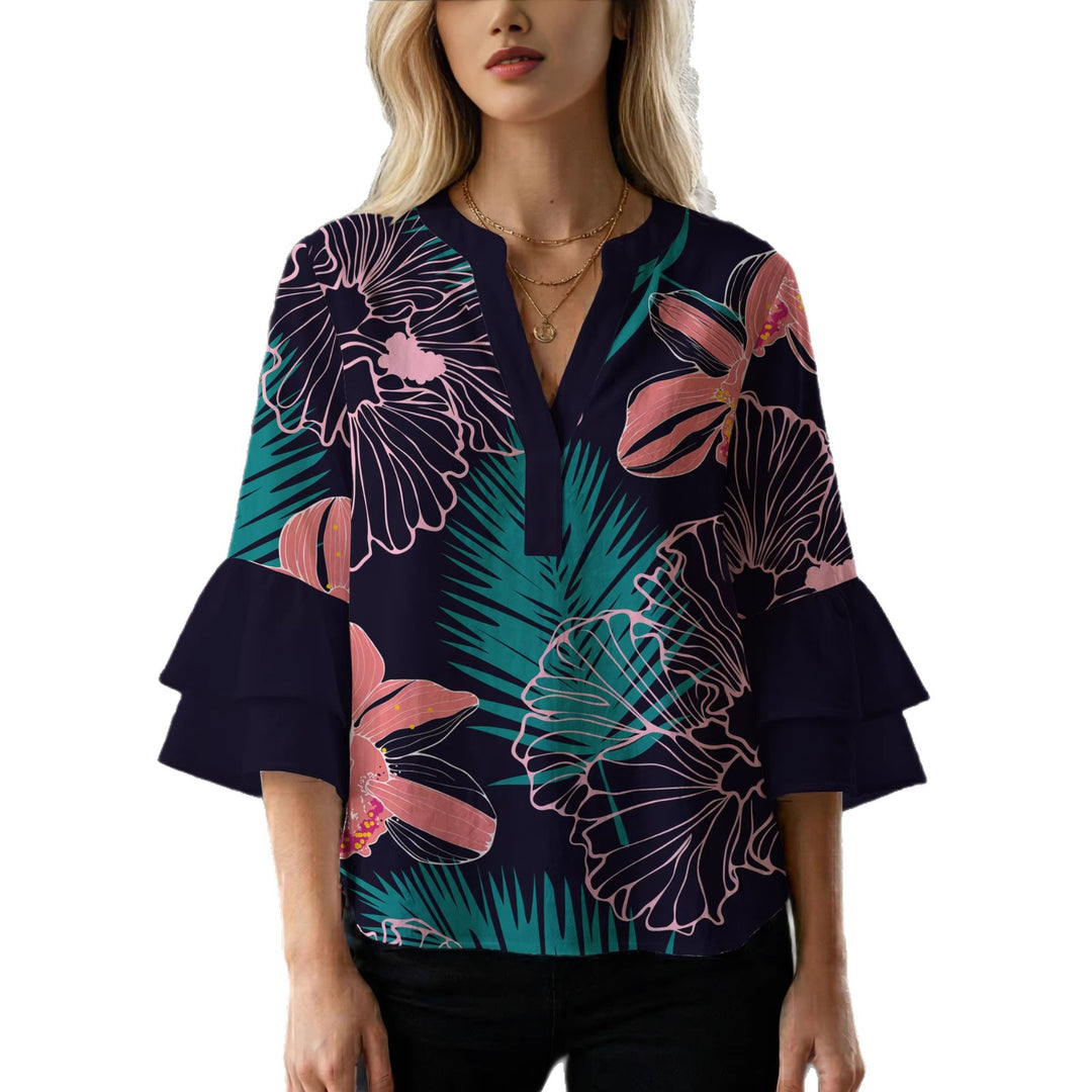 Damen Bluse mit voluminösen Rüschenärmeln und floralem Druck EB