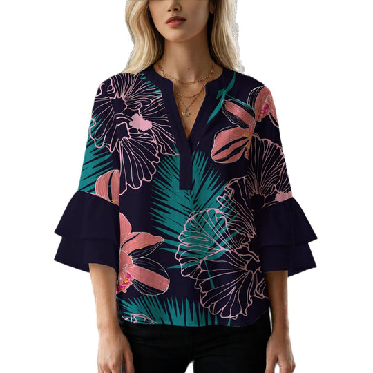 Damen Bluse mit voluminösen Rüschenärmeln und floralem Druck EB