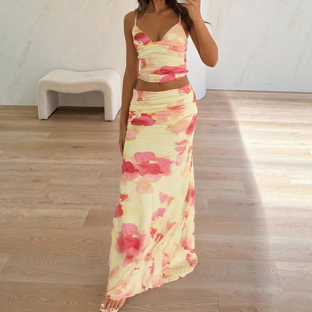 Damen Elegantes Blumenkleid mit schmaler Silhouette und Spaghetti-Trägern EB