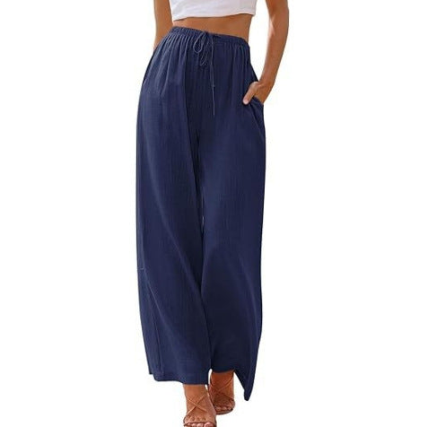 Damen nan weite Leinenhose mit elastischem Bund Kordel und Seitentaschen EB