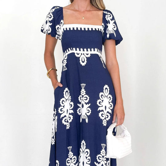 Damen Maxikleid mit elegantem quadratischen Ausschnitt und verspielten Puffärmeln EB