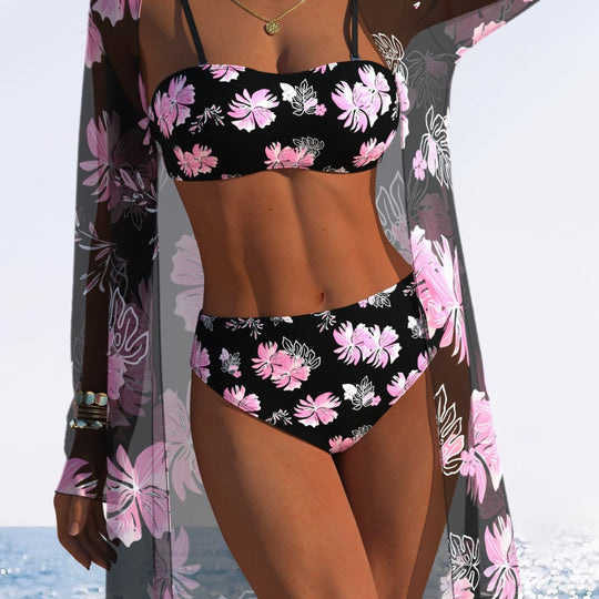 Damen Bikini-Set mit floralem Design und transparenter Strandjacke EB