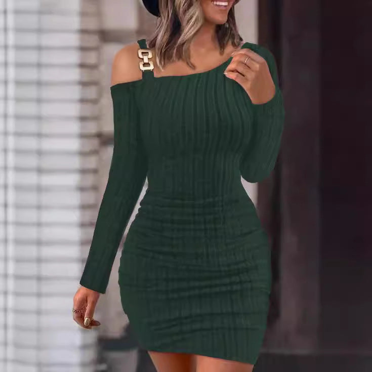 Damen Figurbetontes Strickkleid mit asymmetrischem Schulterdesign und dekorativen Akzenten EB