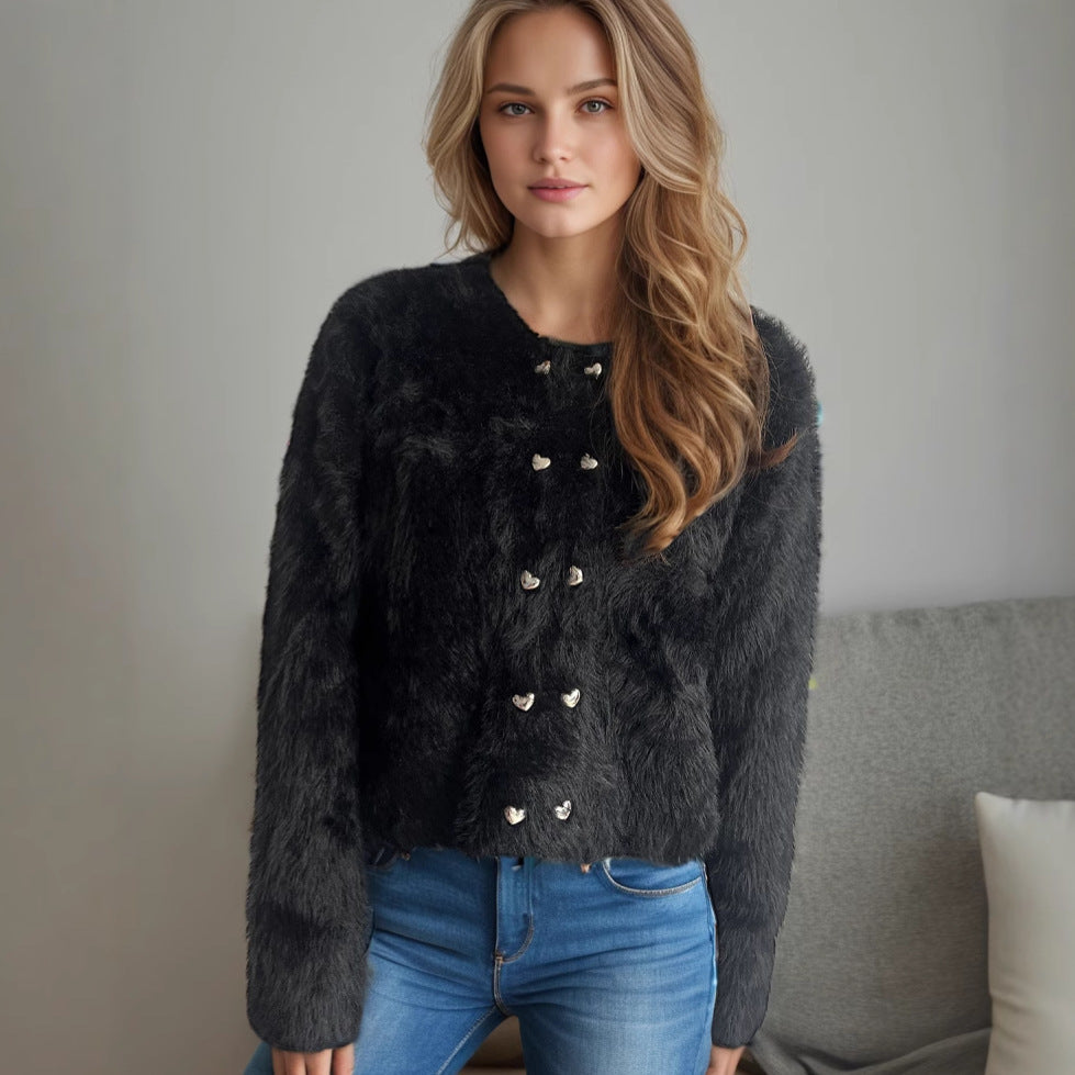 Damen flauschige Strickjacke mit herzförmigen Knöpfen und lockerer Passform EB
