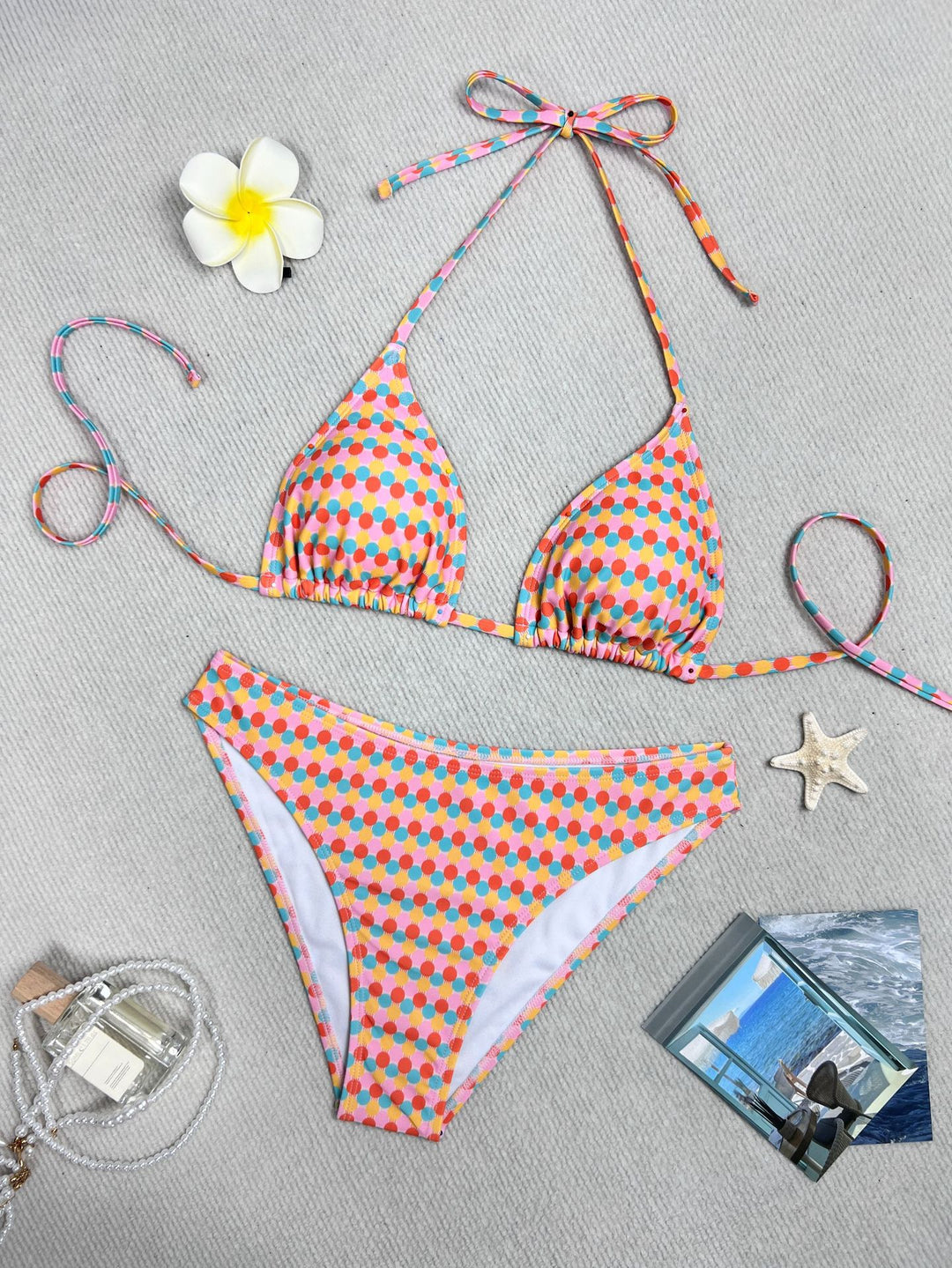 Damen Triangel-Bikini mit buntem Punktedesign und verstellbaren Bändern EB