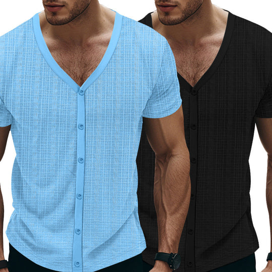 Herren Kurzarm Henley-Shirt mit strukturiertem Design und Knopfleiste EB