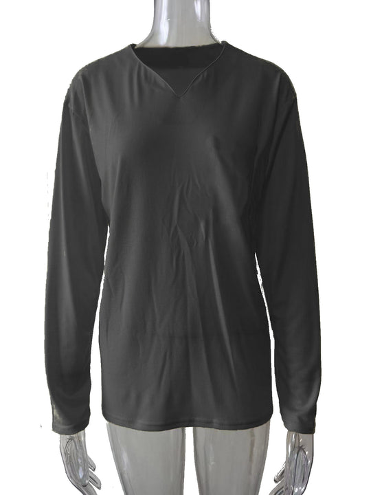 Damen nan legeres Langarmshirt mit V-Notch-Ausschnitt, Brusttasche und lockerer Oversize-Passform EB