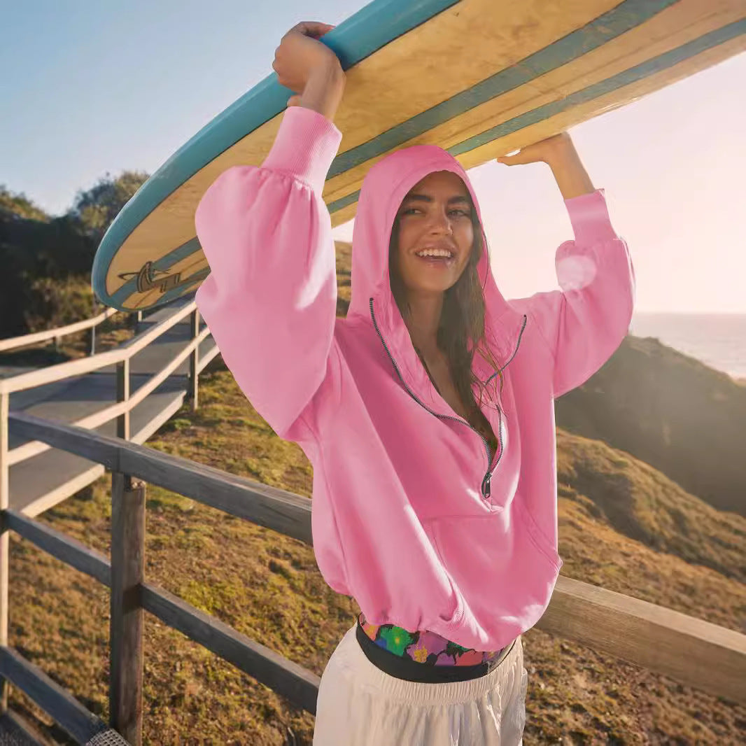 Damen Oversized Sweatshirt mit hohem Kragen und Reißverschluss EB