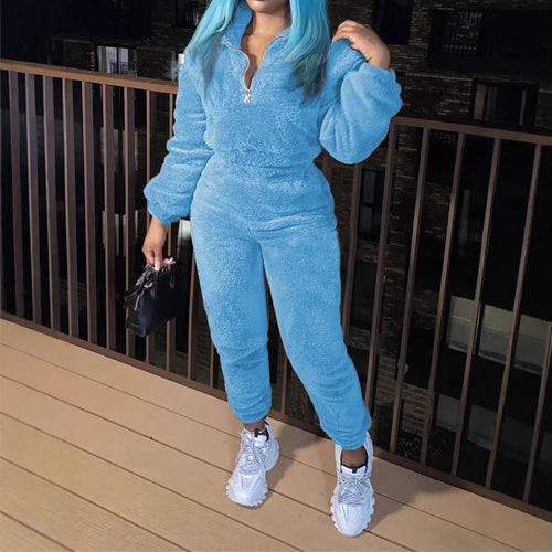 Damen nan kuscheliges Teddy-Fleece Zweiteiler mit Halbreißverschluss und High-Waist Jogginghose EB