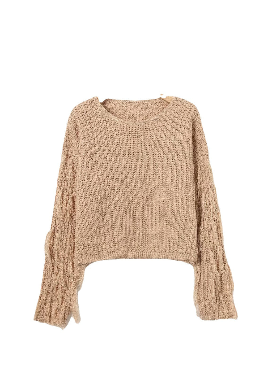 Damen trendiger Grobstrickpullover mit fransigen Ärmeln EB