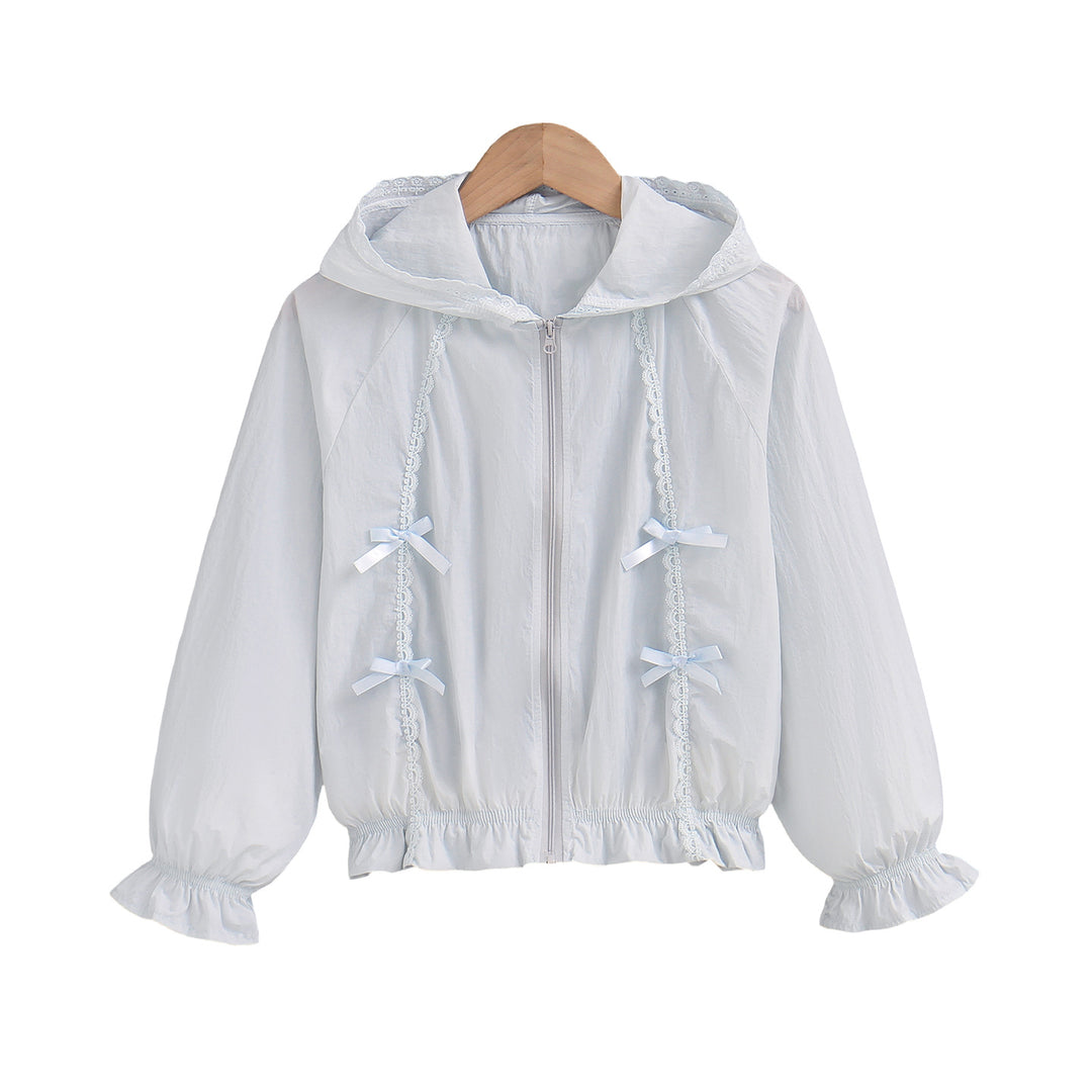 Damen nan romantische Kapuzenjacke mit Spitzendekor, Zierschleifen und gerafftem Saum R&B