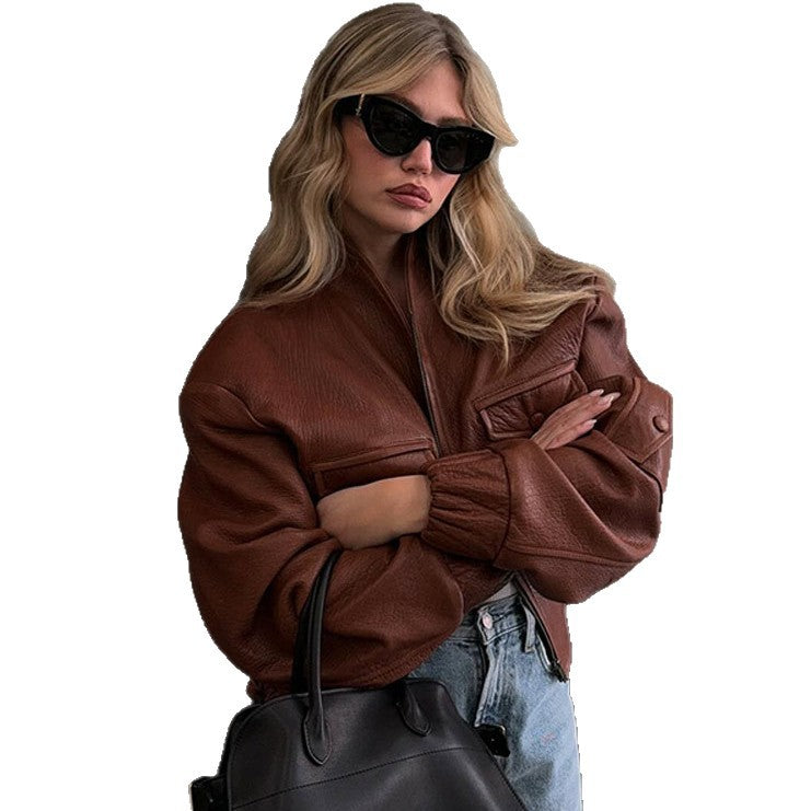 Damen Modische Kunstlederjacke mit einzigartigen Taschen und elastischen Rippabschlüssen EB