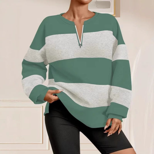 Damen Langarm Sweatshirt mit modernem Reißverschluss und gestreiftem Design EB