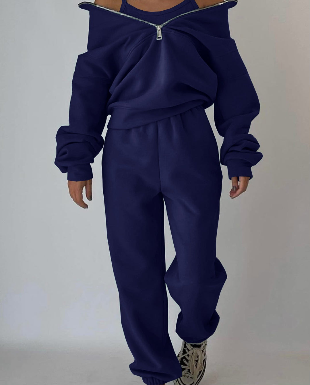 Damen Lässiger Oversized-Hoodie und Jogginghose Set mit Praktischem Reißverschluss EB