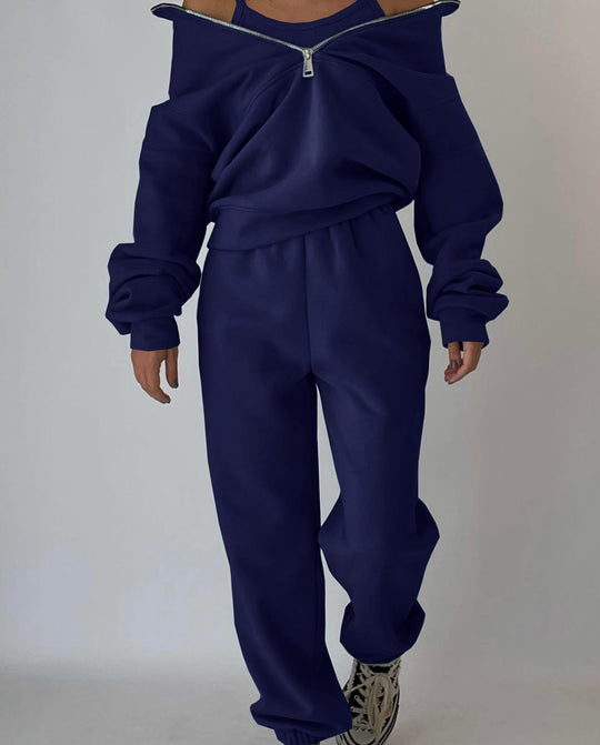 Damen Lässiger Oversized-Hoodie und Jogginghose Set mit Praktischem Reißverschluss EB