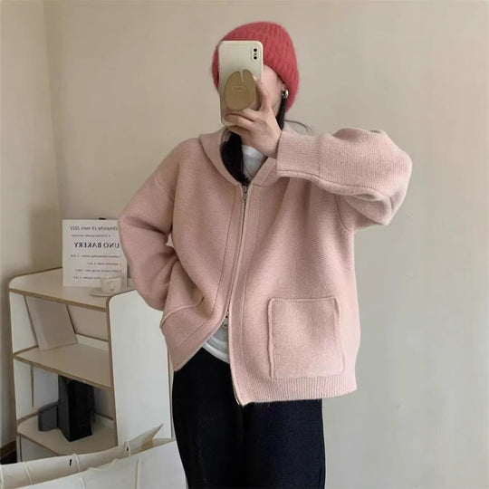 Damen Casual Oversized Strickjacke mit Kapuze und Taschen EB