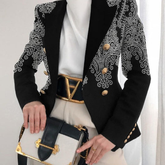 Damen Taillierter Doppelreihiger Blazer mit markanter Schulter, Goldknöpfen und Glitzer-Ombré EB
