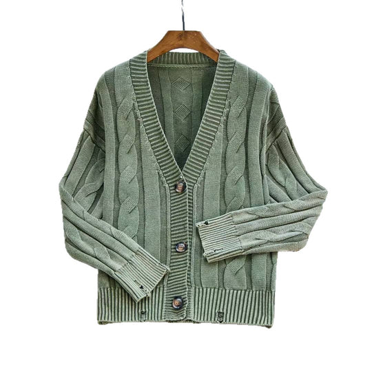 Damen Gemusterter Strickcardigan mit Zopfmuster und Knopfdetails EB
