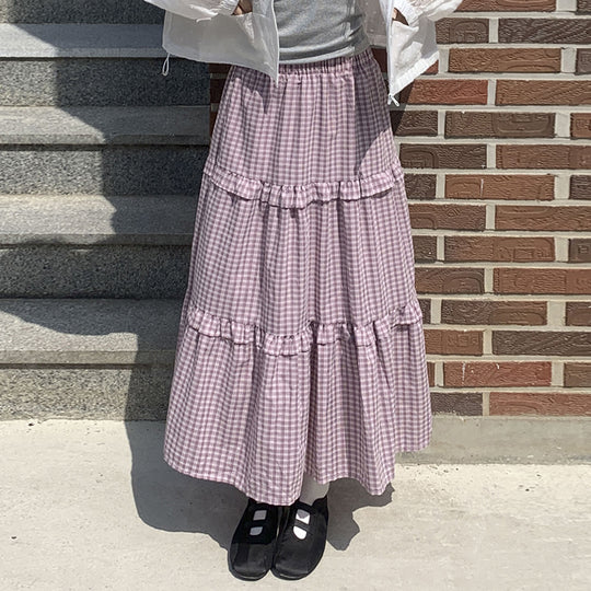 Damen Maxi-Rock mit Volant und Karomuster EB