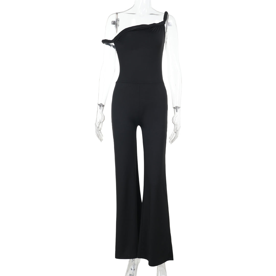 Damen schulterfreier Jumpsuit mit weitem Bein und elastischem Oberteil EB