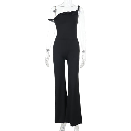 Damen schulterfreier Jumpsuit mit weitem Bein und elastischem Oberteil EB