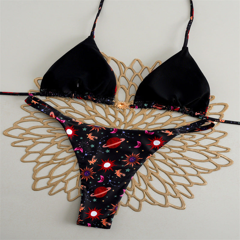 Damen Triangel-Bikini mit floralem Muster und eleganter Goldschließe EB