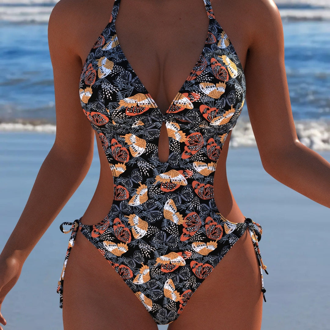 Damen Einteiler Badeanzug mit floralem Cut-Out-Design und verstellbaren Bindebändern EB