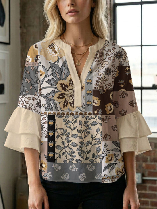 Damen Blusenshirt mit voluminösen Ärmeln und kreativem Druckdesign EB