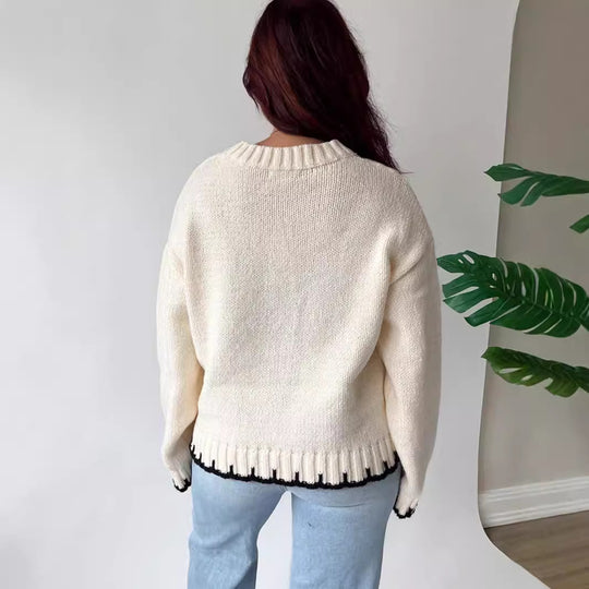 Damen Grobstrickpullover mit kreativem Patchwork-Design und lässigem Schnitt EB