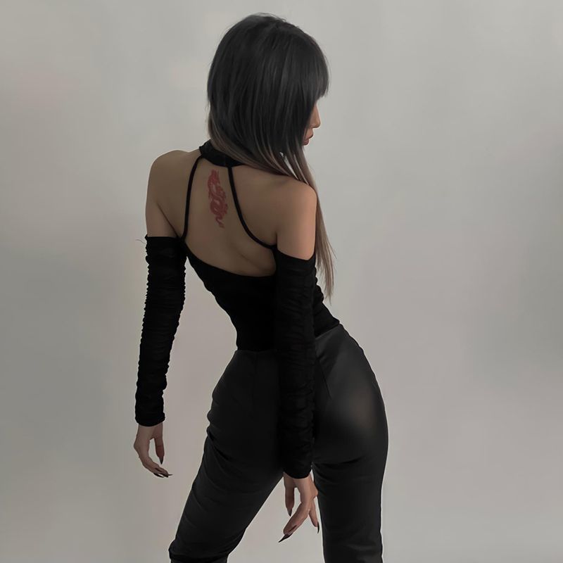 Damen Körperbetonter Langarm-Bodysuit mit tiefem V-Ausschnitt und raffinierten Rüschendetails EB