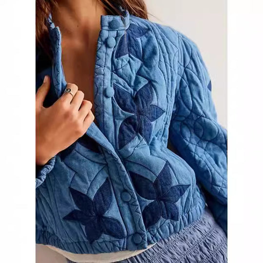 Damen gesteppte Bomberjacke mit floralem Design und elastischen Bündchen EB