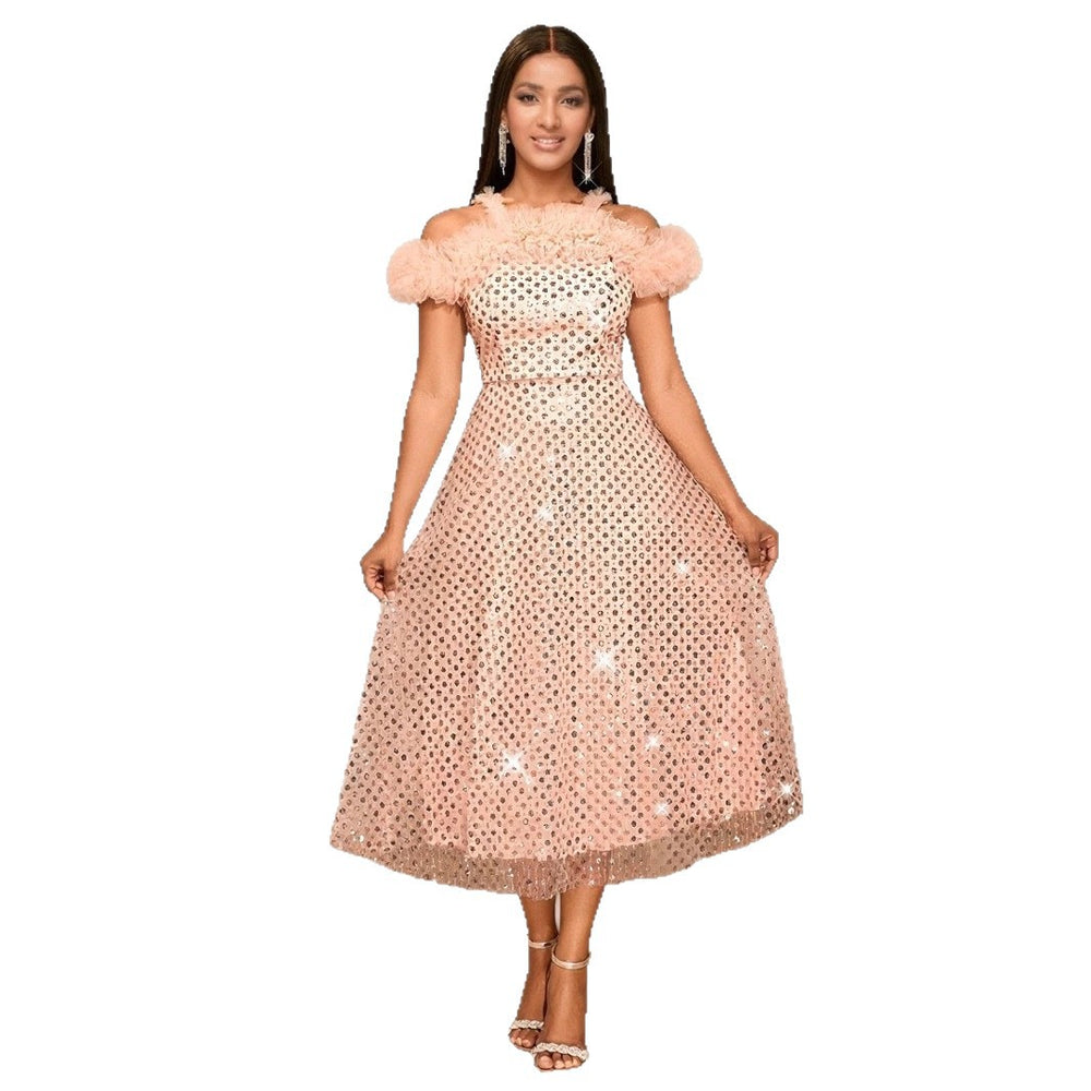 Damen Festliches Midi-Kleid mit transparenten Puffärmeln und funkelnden Details EB