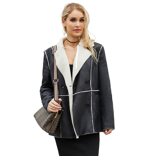 Damen modische Übergangsjacke mit kuscheligem Innenfutter und breitem Reverskragen EB