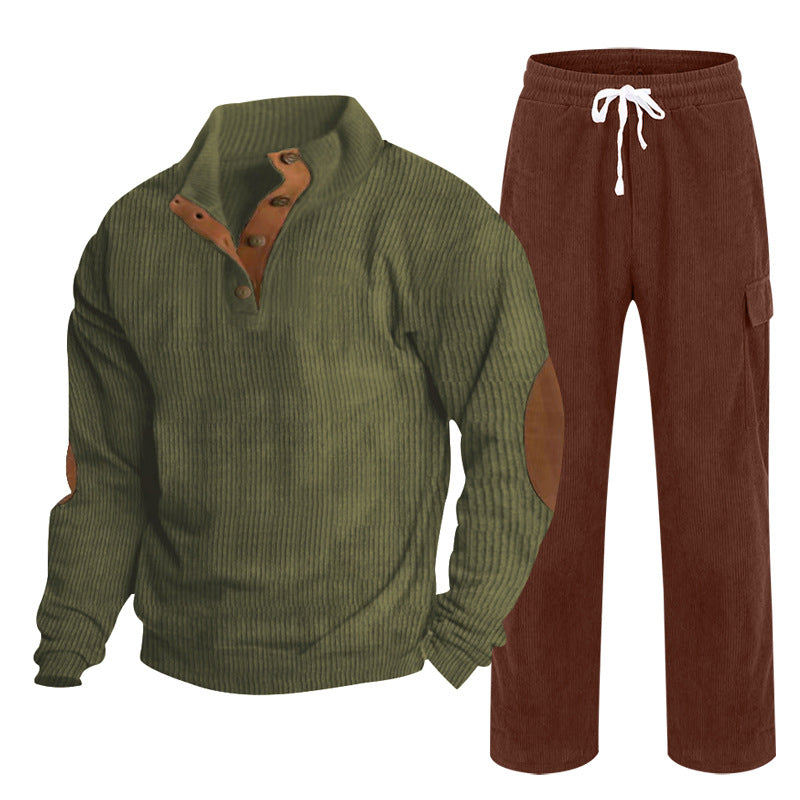Herren nan strukturiertes Cord-Henley-Loungewear-Set mit Ellenbogenpatches und Cargo-Jogpant EB
