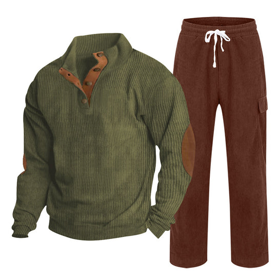 Herren nan strukturiertes Cord-Henley-Loungewear-Set mit Ellenbogenpatches und Cargo-Jogpant EB
