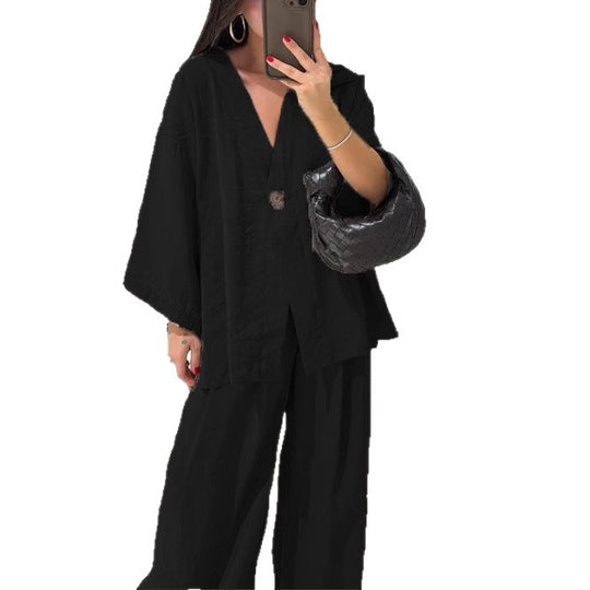 Damen nan lockeres Leinenoptik-Zweiteiler mit Kimono-Blazer und weitem Palazzo-Hose EB