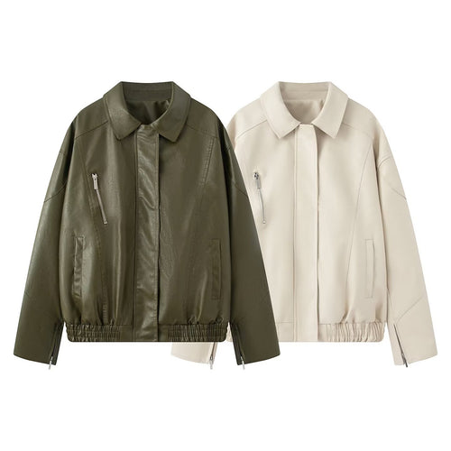 Damen elegante Kunstlederjacke mit praktischen Reißverschluss-Taschen EB