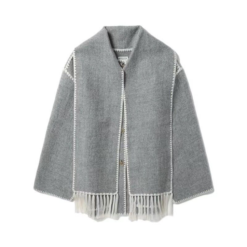 Damen Oversized Strickjacke mit Fransen und Taschen EB