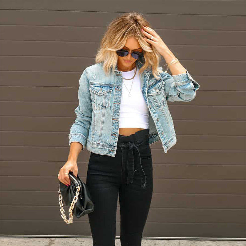Damen Court Denimjacke im lässigen cropped Stil mit Fransendetails EB