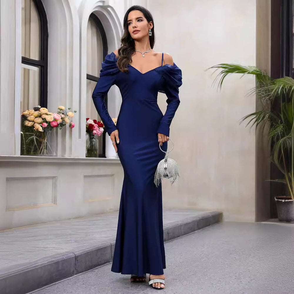 Damen Elegantes Maxikleid mit Steckkragen und schulterfreiem Design EB