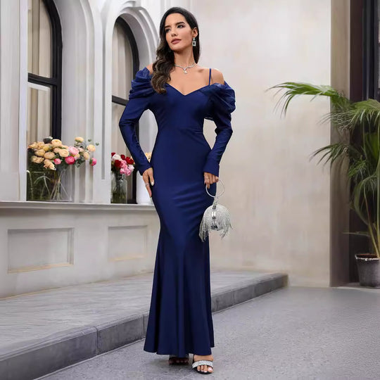 Damen Elegantes Maxikleid mit Steckkragen und schulterfreiem Design EB