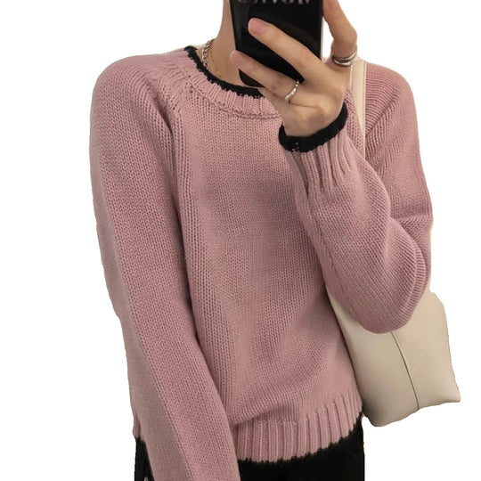 Damen Modischer Pullover mit strukturiertem Saum und kontrastierenden Ärmeln EB