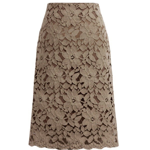 Damen nan knielanger A-Linien Spitzenrock mit floraler Applikationsspitze, hoher Taille und gewelltem Saum EB