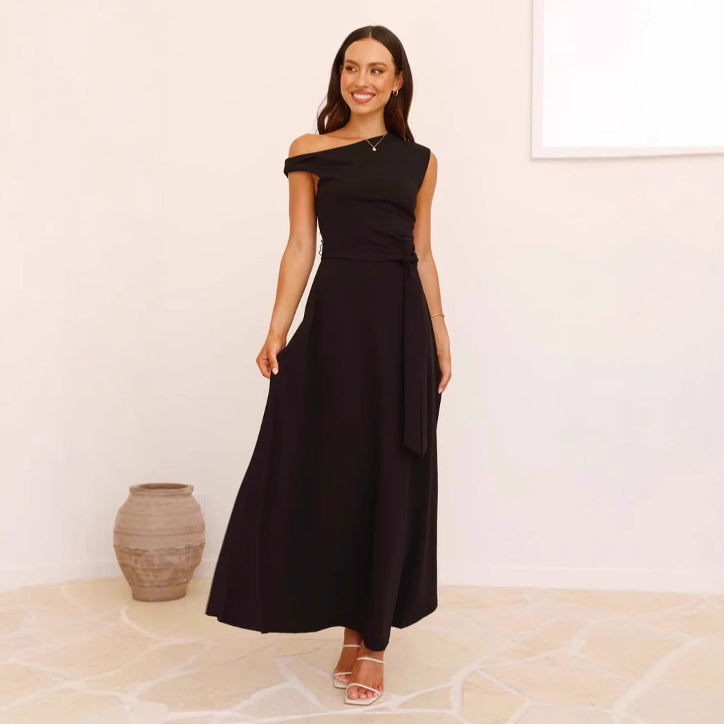 Damen Maxikleid mit schickem asymmetrischen Ausschnitt und eleganter Schleife EB