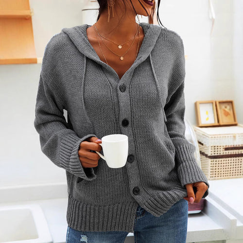 Damen kuschelige Strickjacke mit Kapuze und praktischen Taschen EB