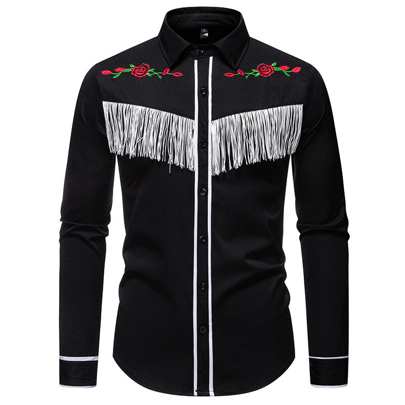 Herren elegante Westernbluse mit Fransen und bestickten Motiven EB