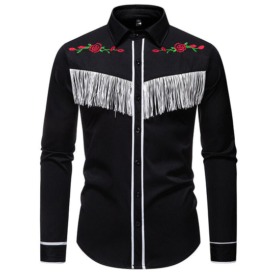Herren elegante Westernbluse mit Fransen und bestickten Motiven EB