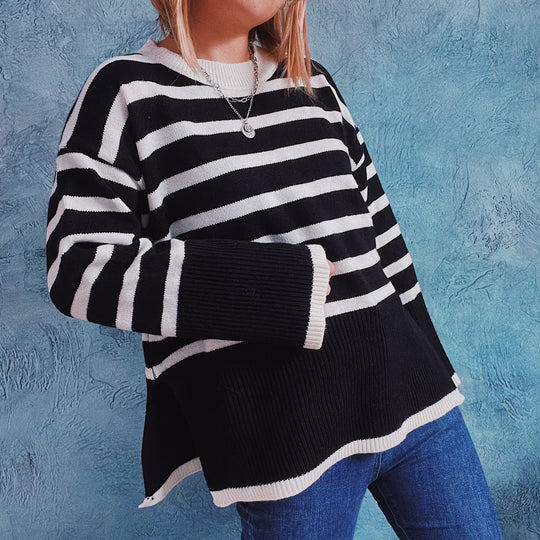 Damen lässiger Strickpullover mit modernem Streifenmuster und feiner Rippstruktur EB